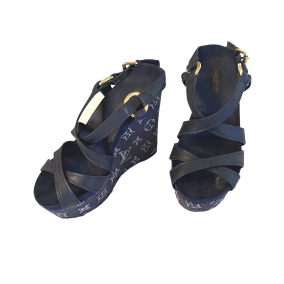 Louis Vuitton Navy Blue LV Monogram Denim & Leather Wedge Sandals Size 36/US 6 - Picture 11 of 13